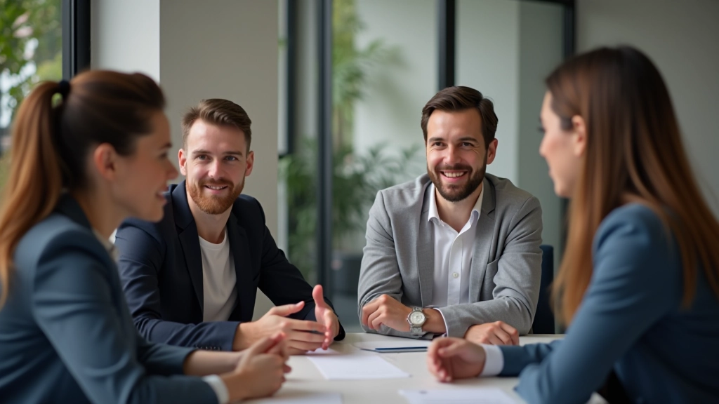 Groupe de professionnels en discussion d'écoute active dans un contexte multilingue