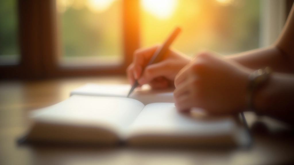 Mains tenant un stylo au-dessus d'un journal, lumière douce du matin, moment de réflexion calme