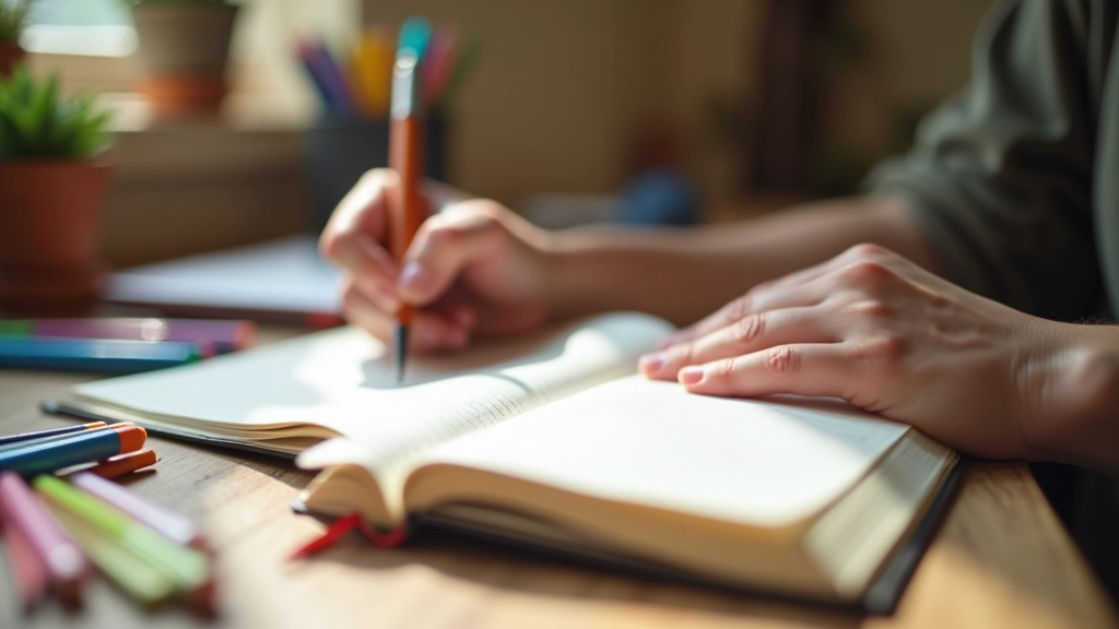 Mains écrivant dans un journal avec des feuilles colorées et des crayons de couleur autour