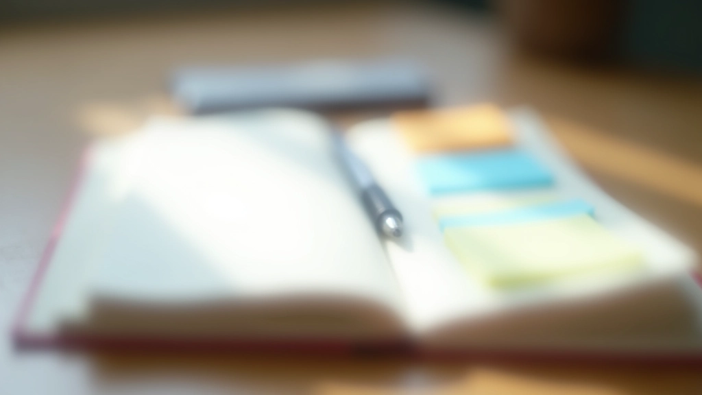 Carnet ouvert avec des notes colorées et un stylo, lumière naturelle du jour, surface de travail minimaliste