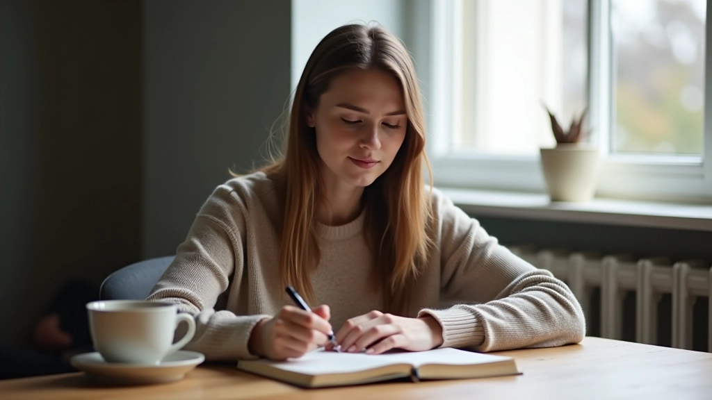 Personne en réflexion calme assise à une table avec un journal ouvert et une tasse de thé