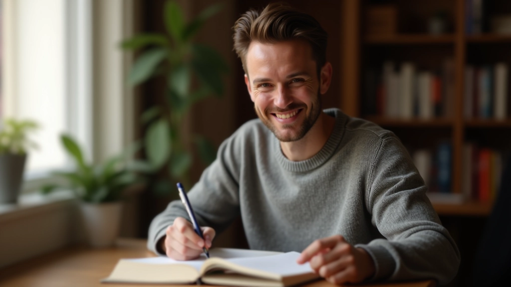 Personne tenant un journal ouvert avec un stylo, assise à une table en bois dans une atmosphère calme et réfléchie