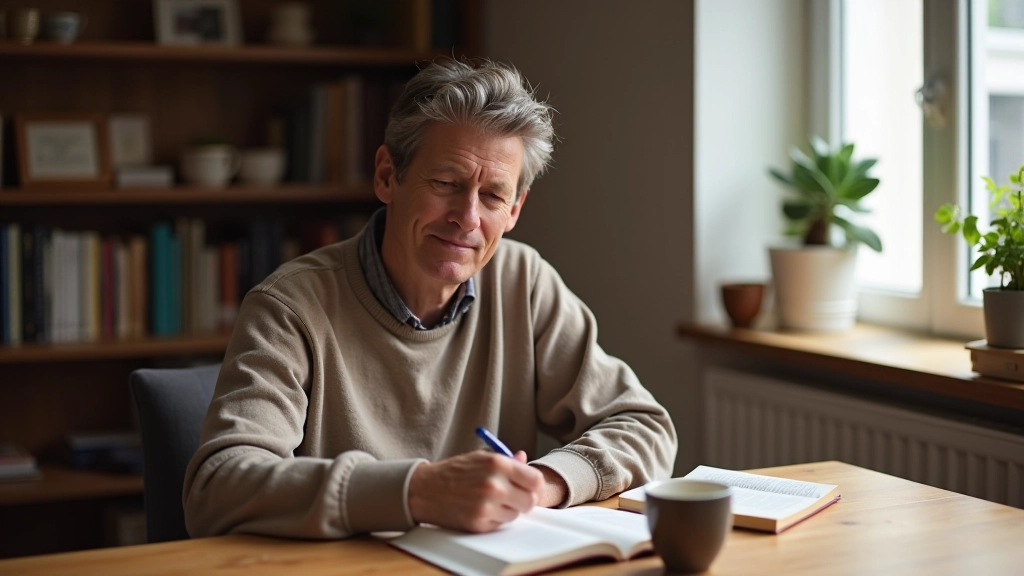 Personne lisant un livre dans un environnement calme avec une tasse de café, représentant l'apprentissage et la détente