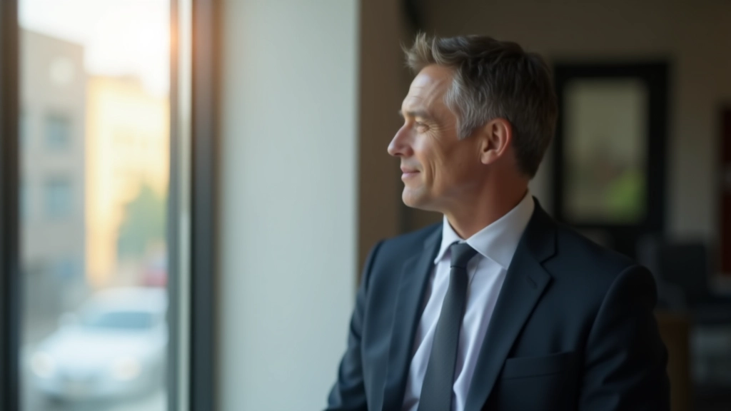 Personne regardant par une fenêtre de bureau avec expression relaxée durant une pause