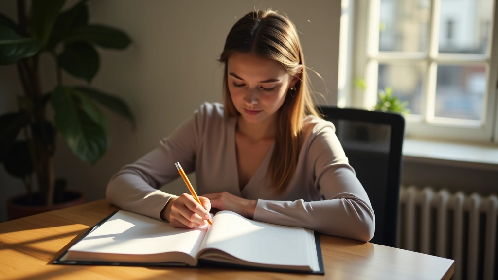 Personne en posture détendue écrivant dans un journal, fenêtre avec lumière naturelle, atmosphère paisible et concentrée