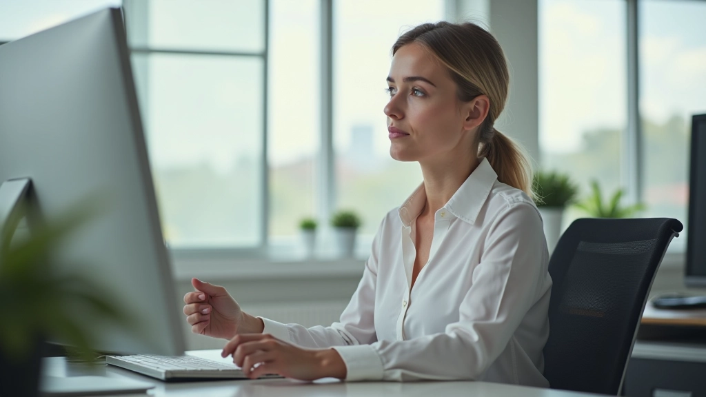 Personne assise en posture détendue effectuant un exercice de respiration contrôlée dans un bureau lumineux