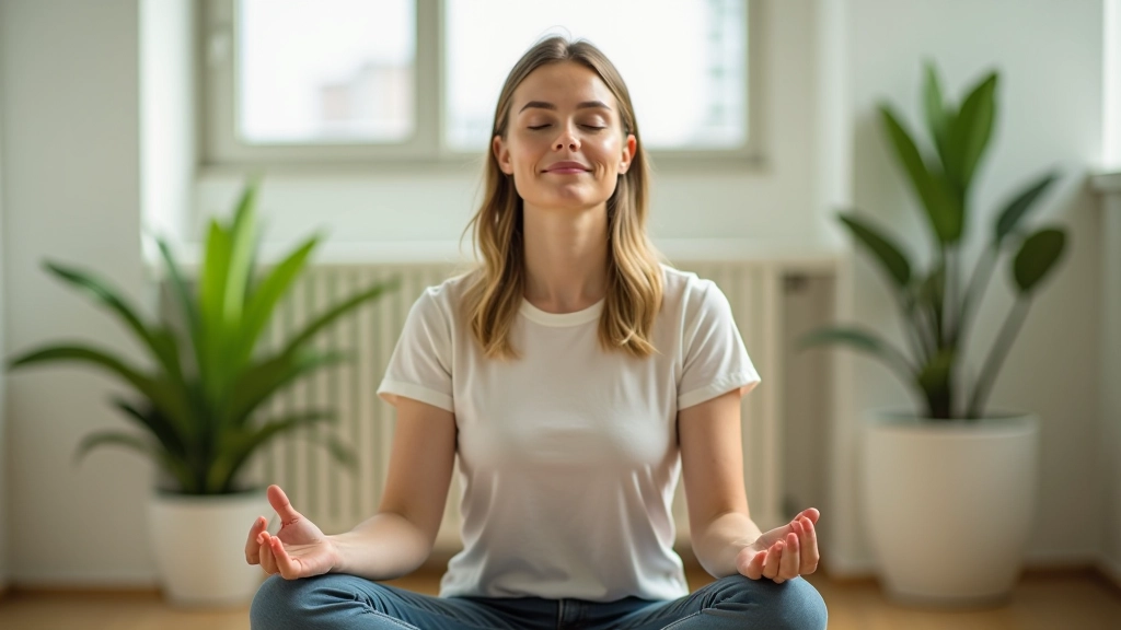Personne en méditation dans un espace calme avec lumière naturelle et plantes vertes autour